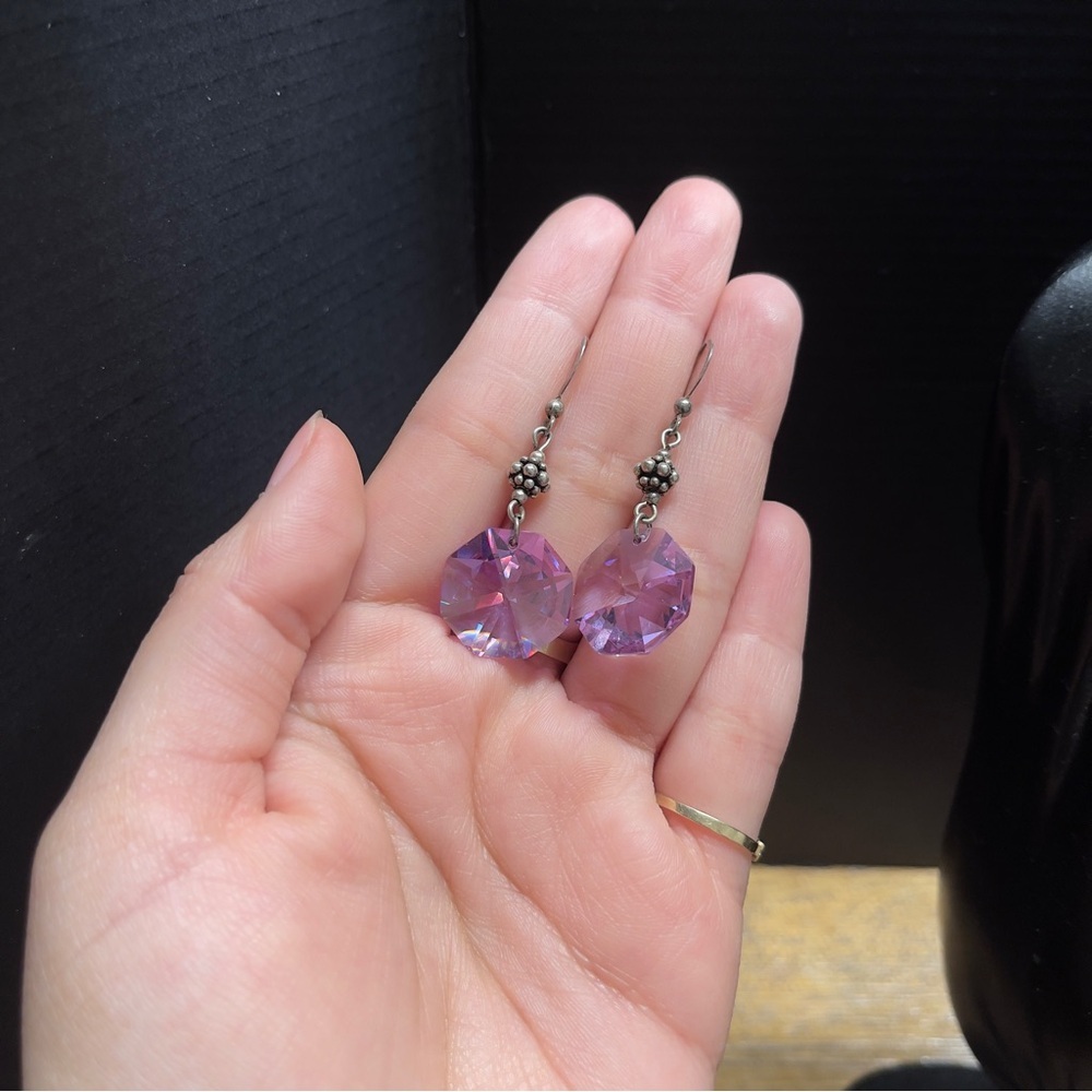 Sterling Silver Purple Statement Circle Cut Gem Hook Earrings - Picture 6 of 10